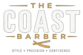 El logotipo de Coast Barber en dorado y gris con el lema &ldquo;Estilo &bull; Precisi&oacute;n &bull; Confianza&rdquo;