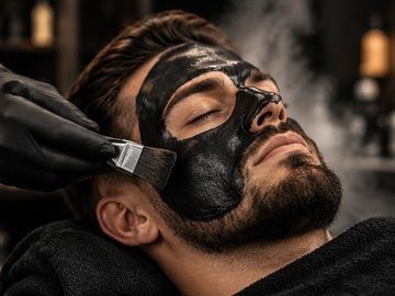 Persona a la que se le aplica una mascarilla facial negra durante un tratamiento de spa, con los ojos cerrados, mientras se le aplica el producto con una brocha.