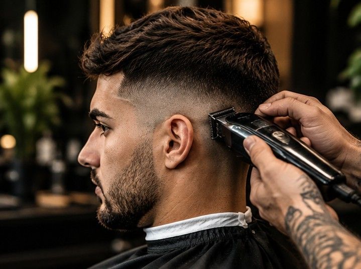 Peluquero recortando el corte de pelo degradado de un hombre con una maquinilla eléctrica en un salón de belleza.
