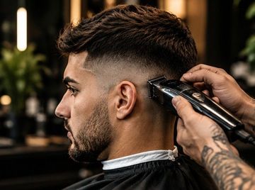 Peluquero recortando el corte de pelo degradado de un hombre con una maquinilla eléctrica en un salón de belleza.