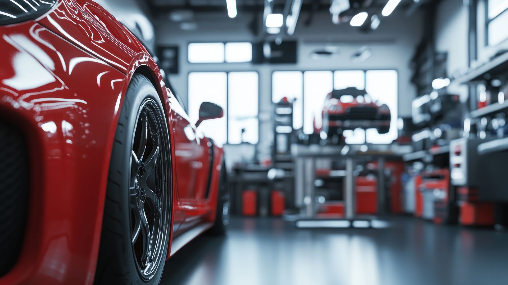 Une voiture rouge dans un garage