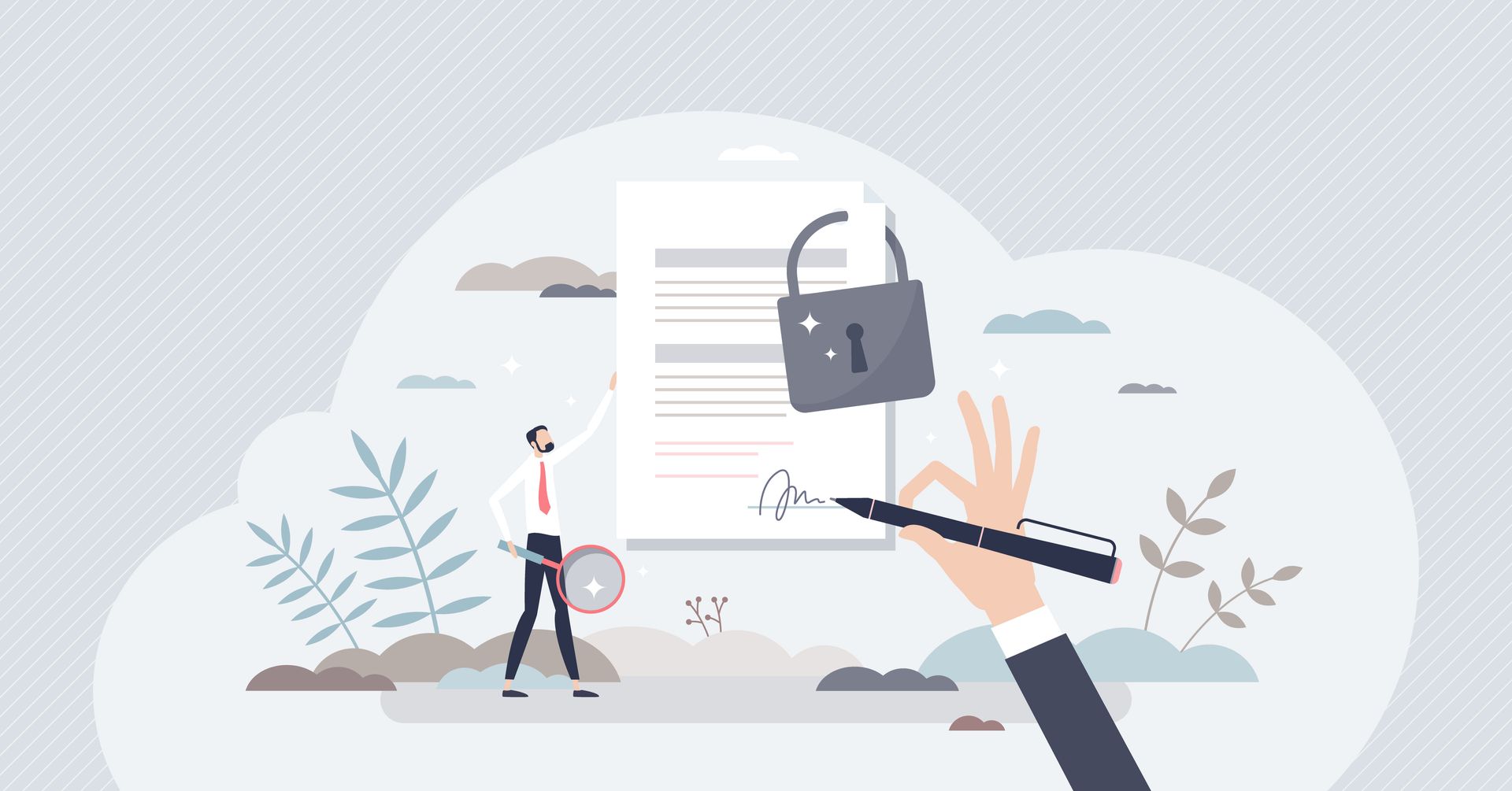 Illustration d'une main qui signe un document greffé par un cadenas ; une autre personne, munie d'une loupe, se tient à côté.