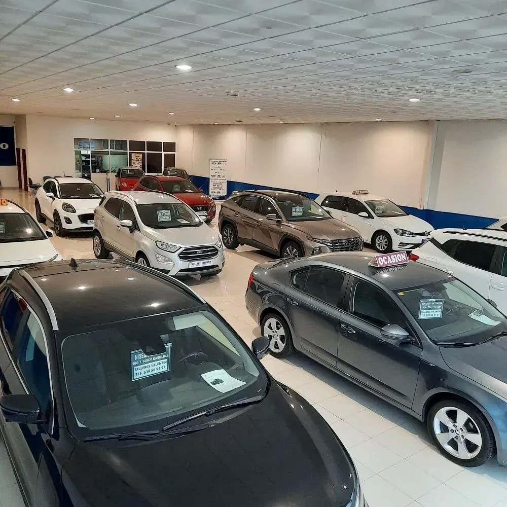 Hay muchos coches aparcados en una sala de exposición.