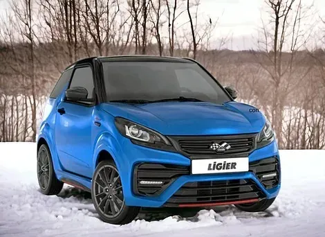 Un coche azul está aparcado en la nieve.