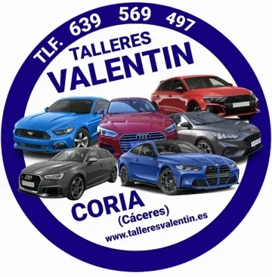 Un logotipo para talleres valentin con un montón de coches en un círculo.