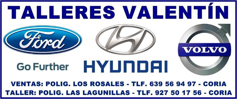 Un cartel de Talleres Valentín muestra los logotipos de Ford, Hyundai y Volvo.