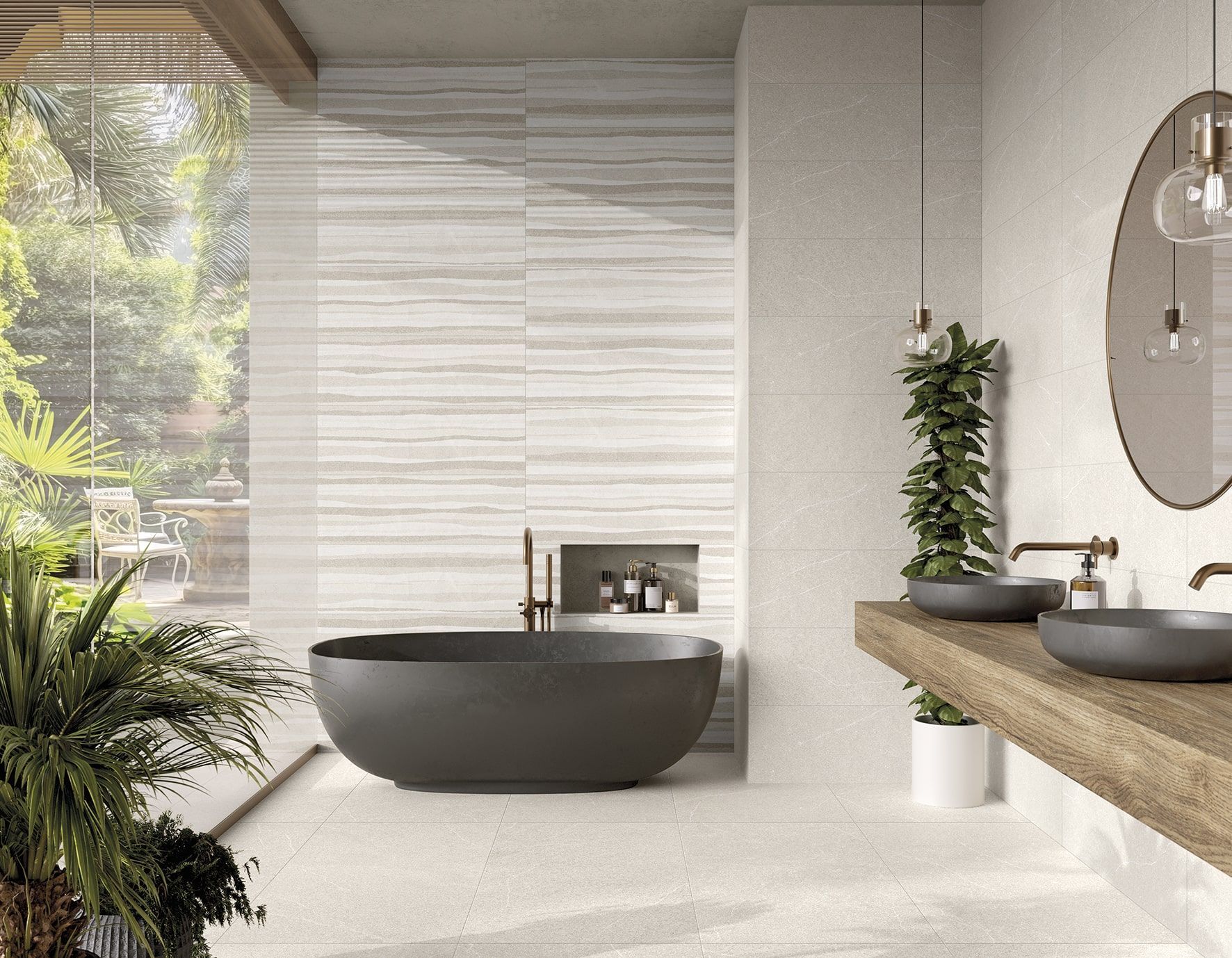 Marinier - salle de bain avec un sol en carrelage clair et une baignoire au centre