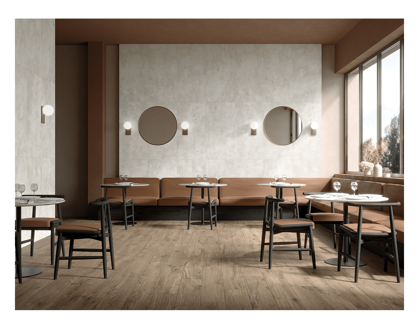 Marinier - salle de restaurant avec un sol marron, des tables et des chaises en bois.