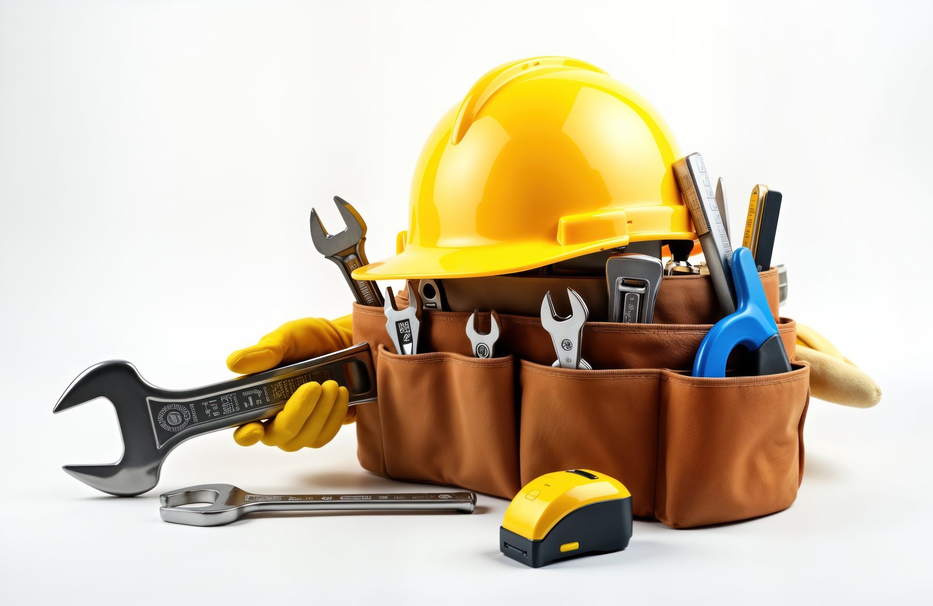 un casque de chantier jaune et des outils rangés dans une ceinture de chantier marron