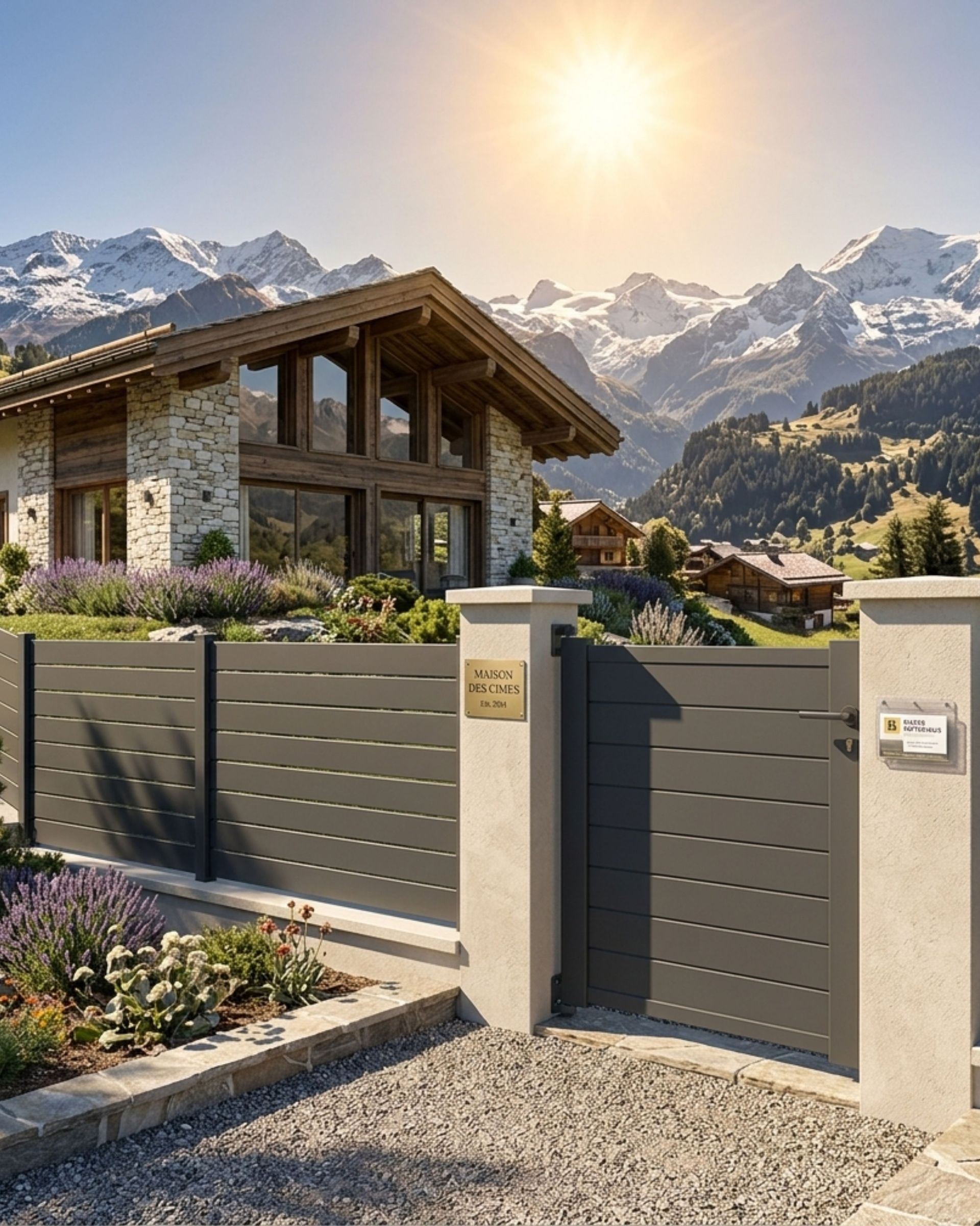 Maison en pierre et montagnes en fond
