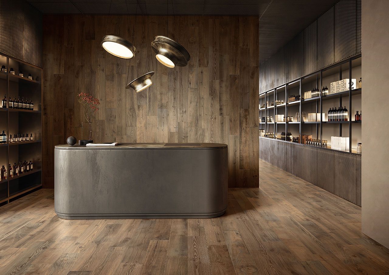 Isla - vue d'un accueil avec sol et mur en bois