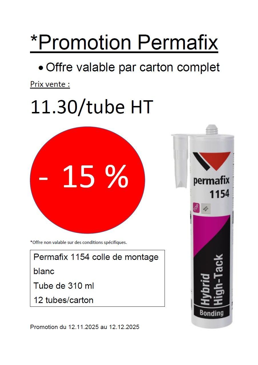 Dépliant publicitaire pour l'adhésif Permafix, avec prix par tube et offre de réduction de 15 %. Illustration du tube de produit.