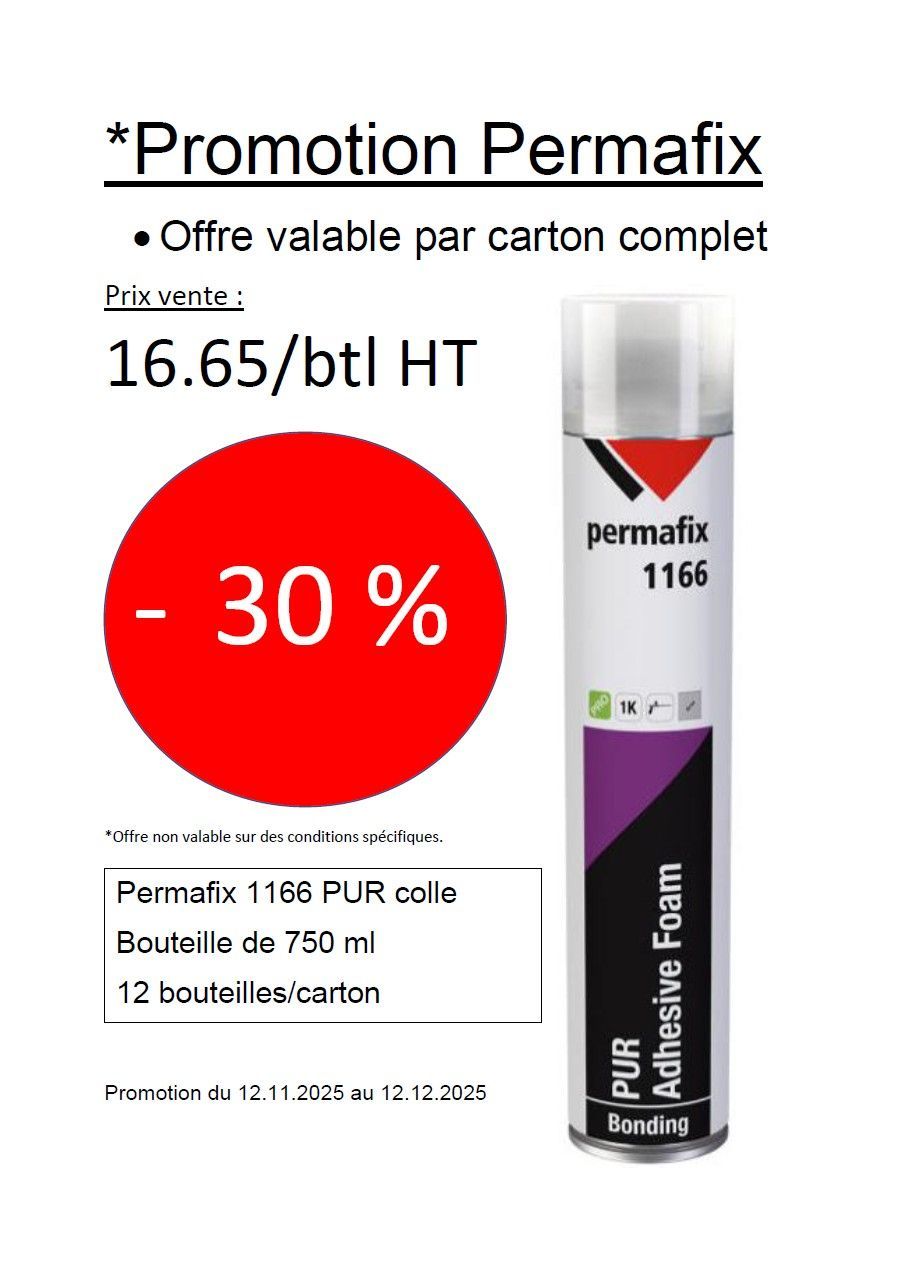 Publicité pour la mousse adhésive Permafix. Inclut une réduction de 30 % (en rouge) et un prix de 16,65 €/bouteille HT.