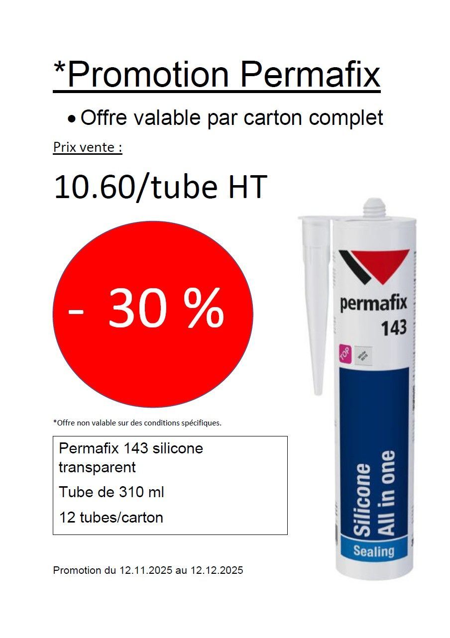 Publicité pour le silicone Permafix 143. Contient du texte, une réduction de 30 % et un tube de mastic.