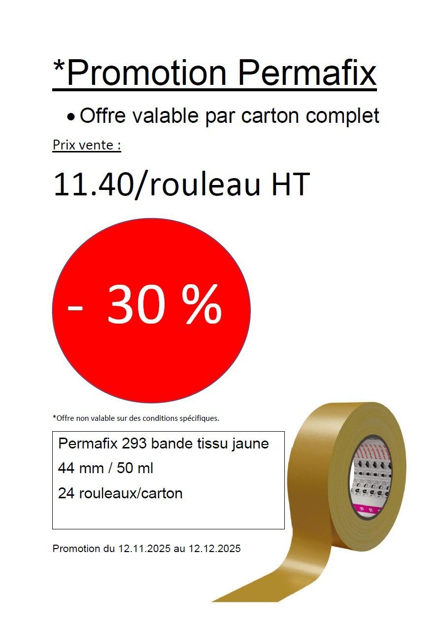 Panneau publicitaire pour le ruban Permafix : Prix de 11,40 €/rouleau, 30 % de réduction, cercle rouge et un rouleau de ruban.