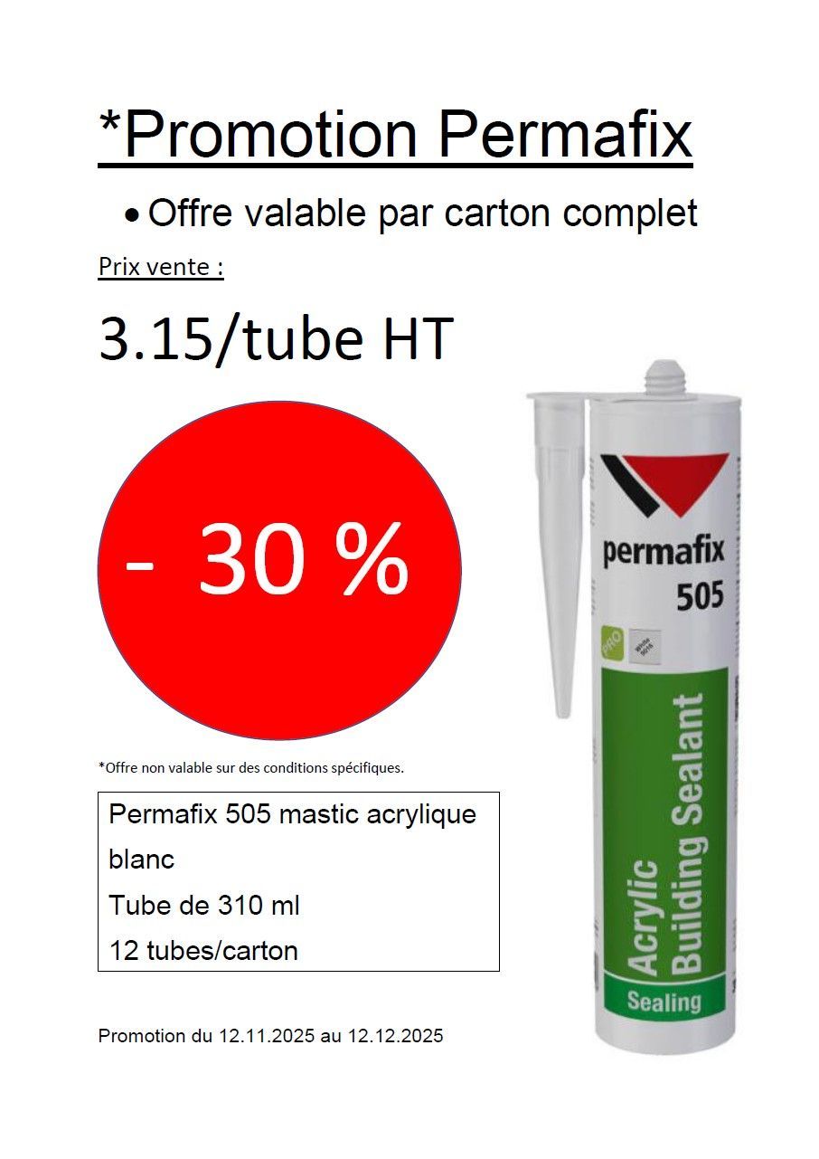 Publicité pour le mastic Permafix : cercle rouge avec 30 % de réduction, image du produit, détails et prix.