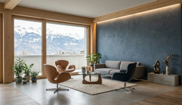 Un salon moderne avec un mur bleu texturé, des fauteuils cygne beiges, un canapé gris et une vue imprenable sur les montagnes à travers les fenêtres.
