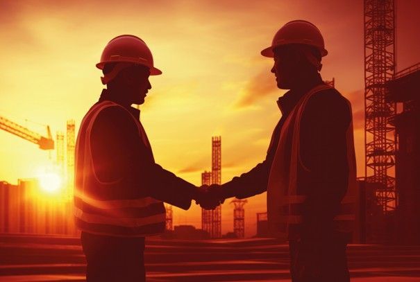 deux ouvriers se serrant la main avec des bâtiment sen construction en arrière plan.