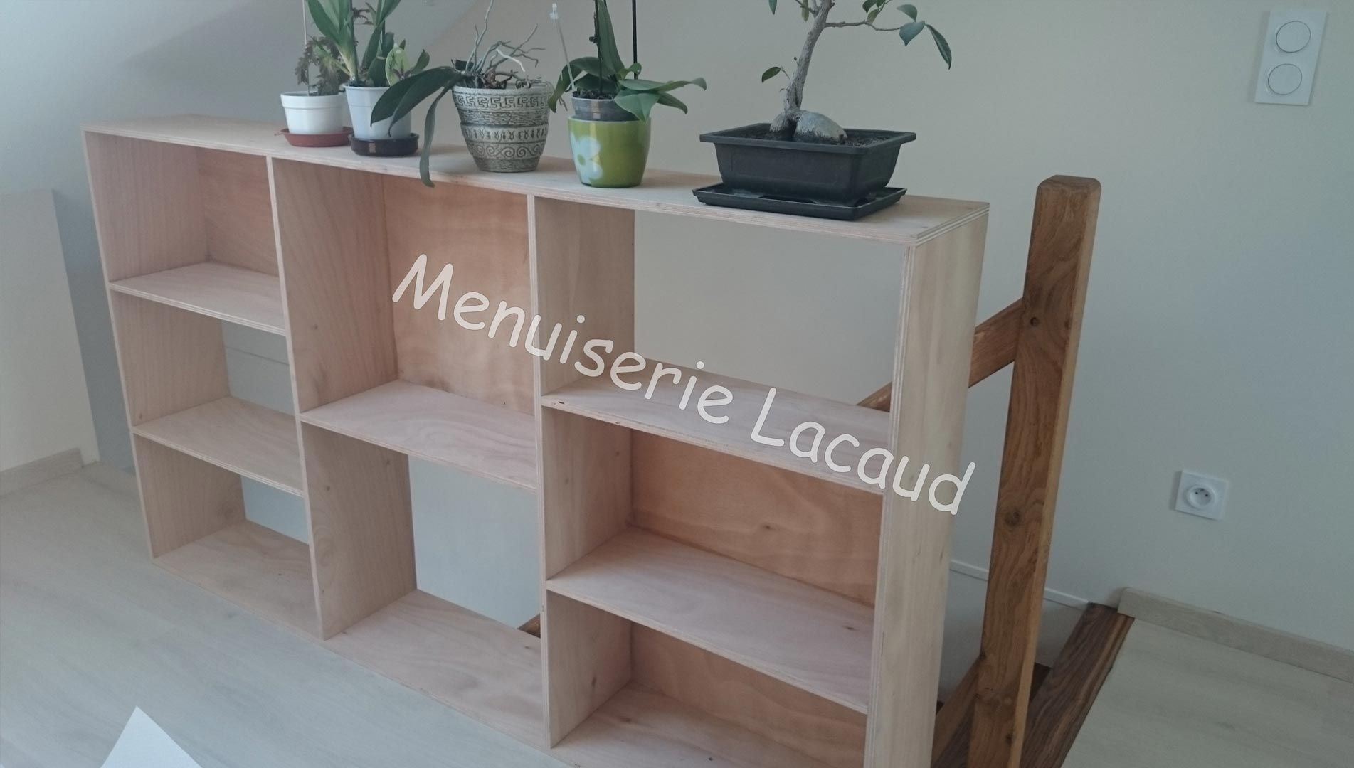 Étagère en bois avec plantes en pot dans une pièce lumineuse
