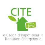 Logo vert et blanc CITE avec maison et feuille, texte le Crédit d’Impôt pour la Transition Énergétique