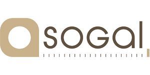 Logo Sogal en lettres minuscules dorées et brunes avec une icône carrée stylisée à gauche.