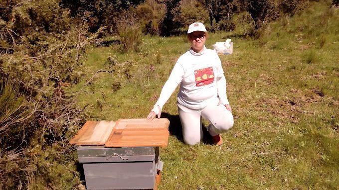 Una mujer está arrodillada frente a una colmena en un campo.