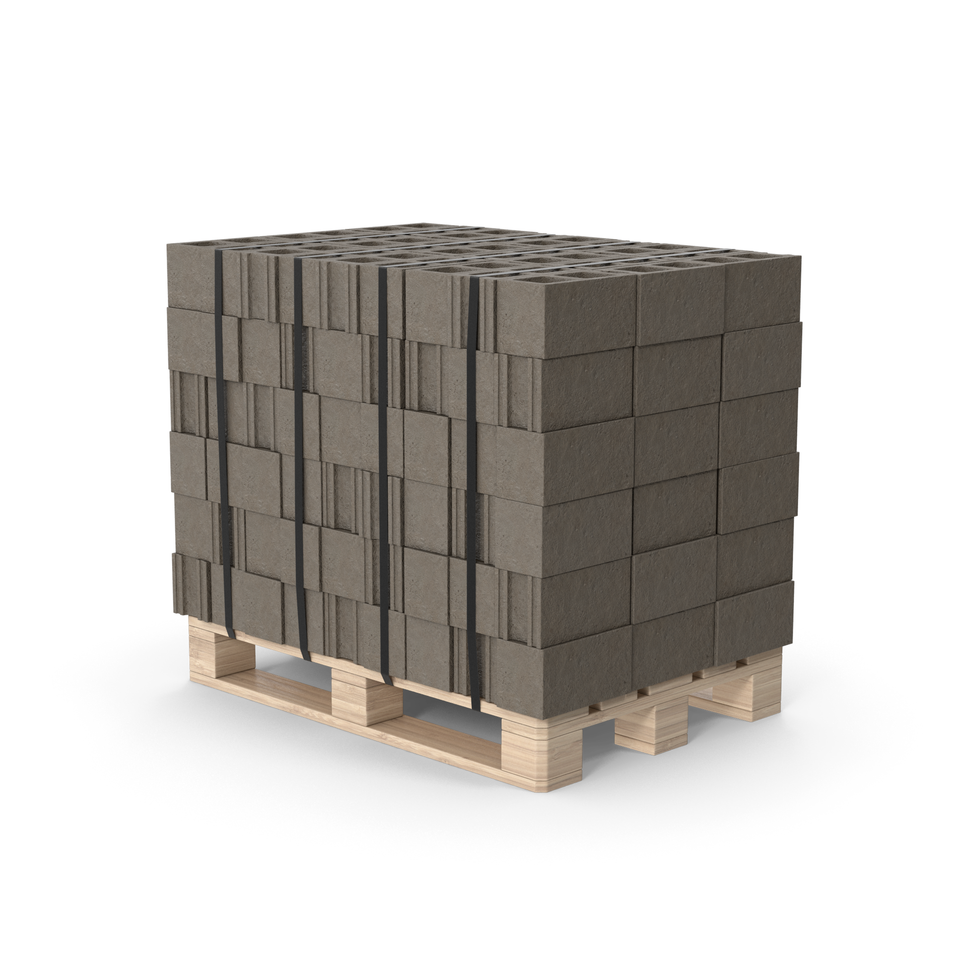 Une palette en bois remplie de briques sur fond blanc.