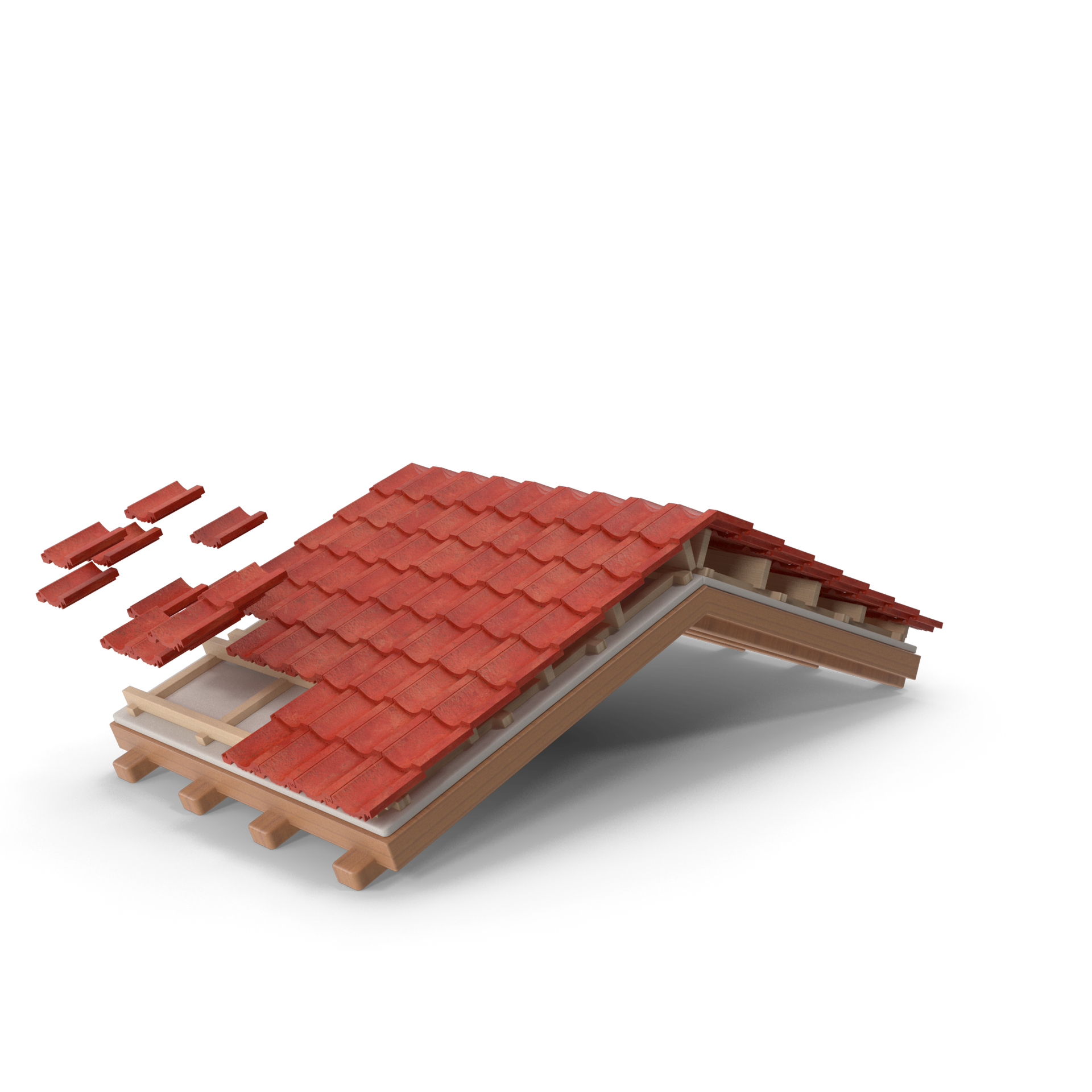 Un modèle 3D d'un toit avec des tuiles rouges dessus