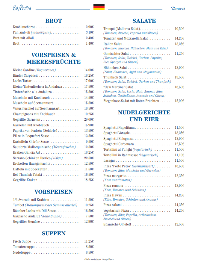 Un menú para un restaurante con muchos artículos.