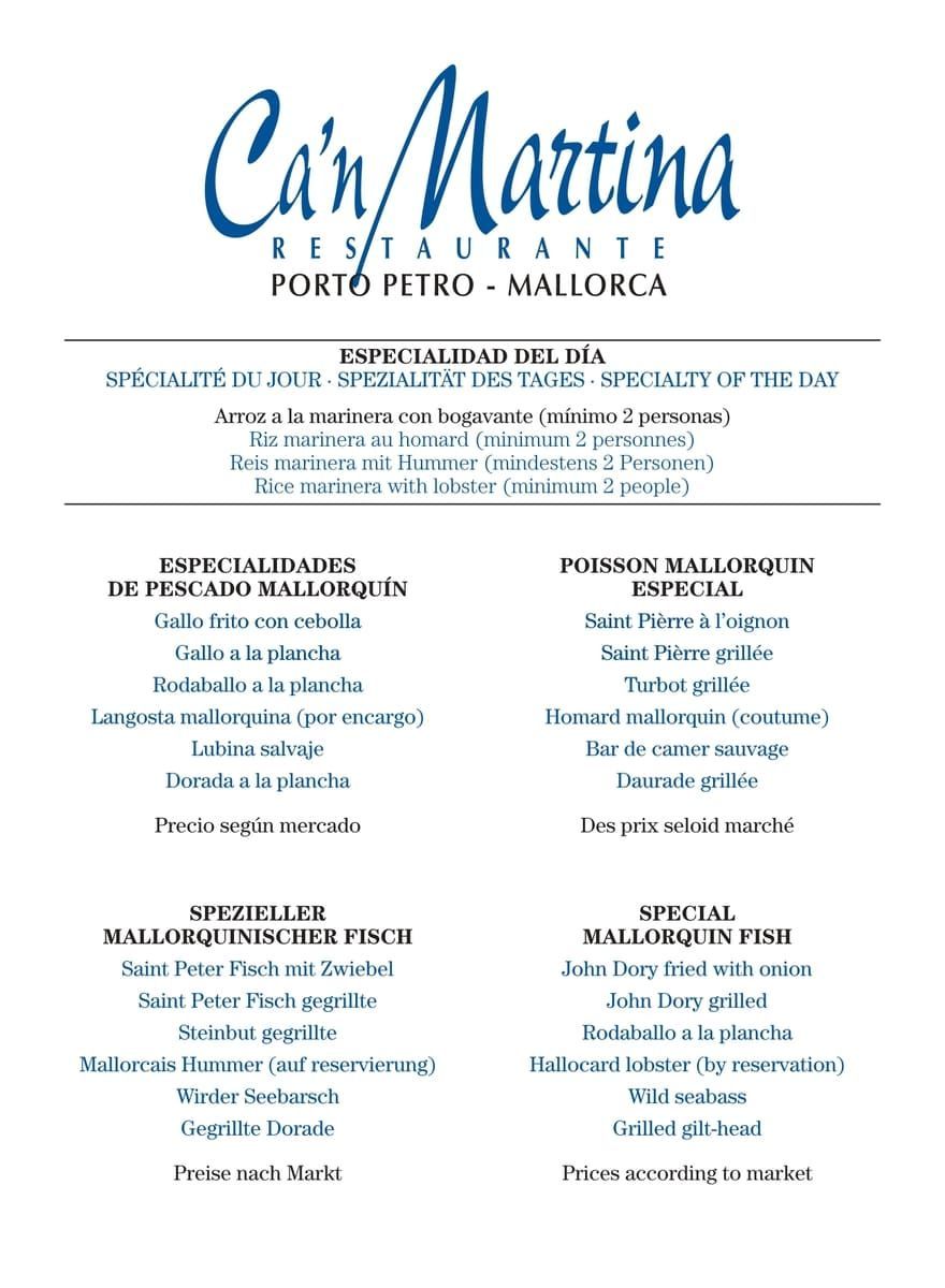 Un menú para un restaurante llamado can martina.
