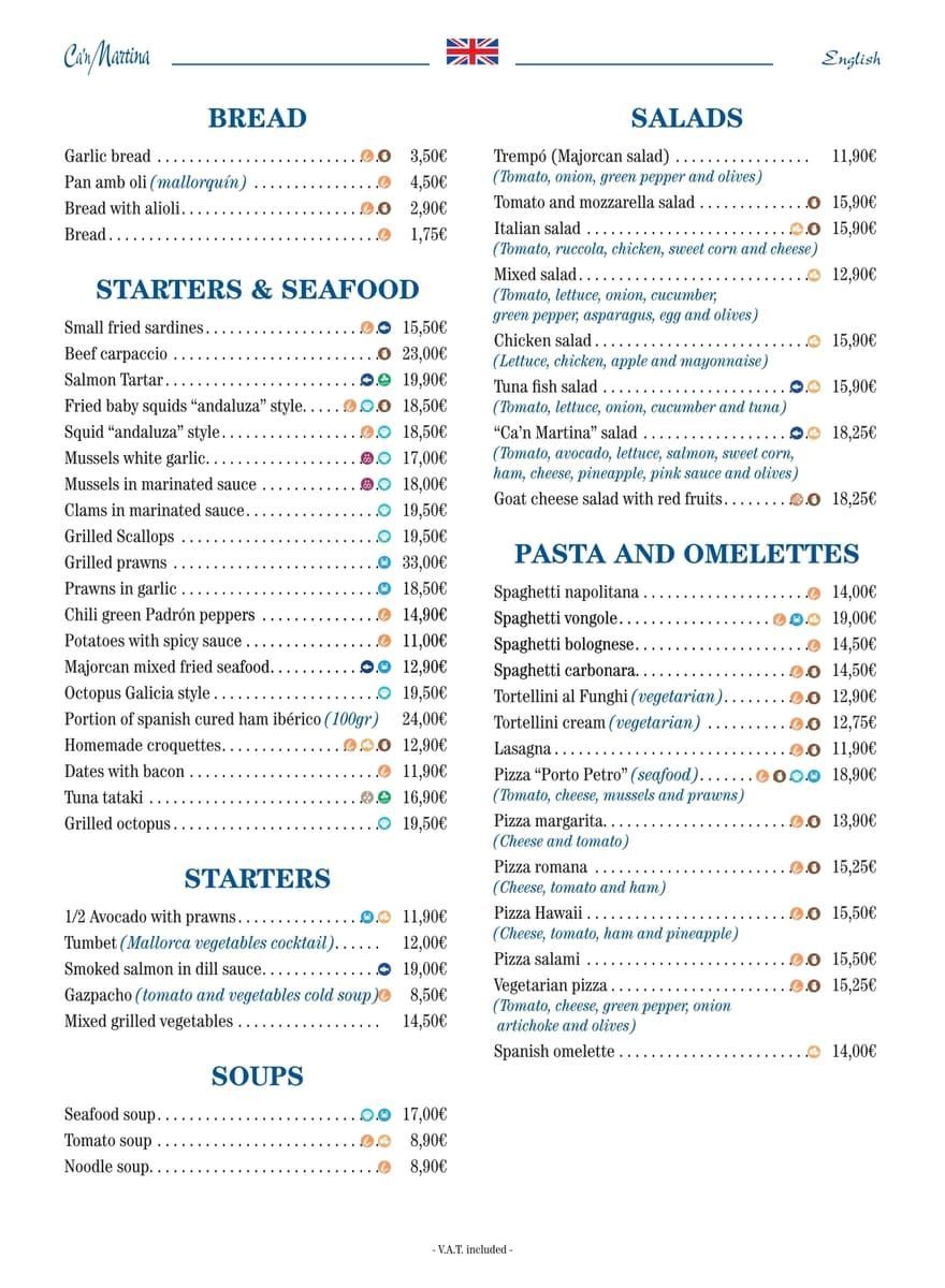 Un menú para un restaurante con muchos artículos.