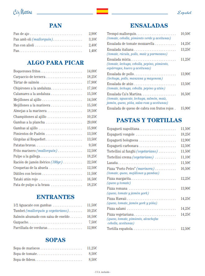 Un menú para un restaurante con muchos artículos.