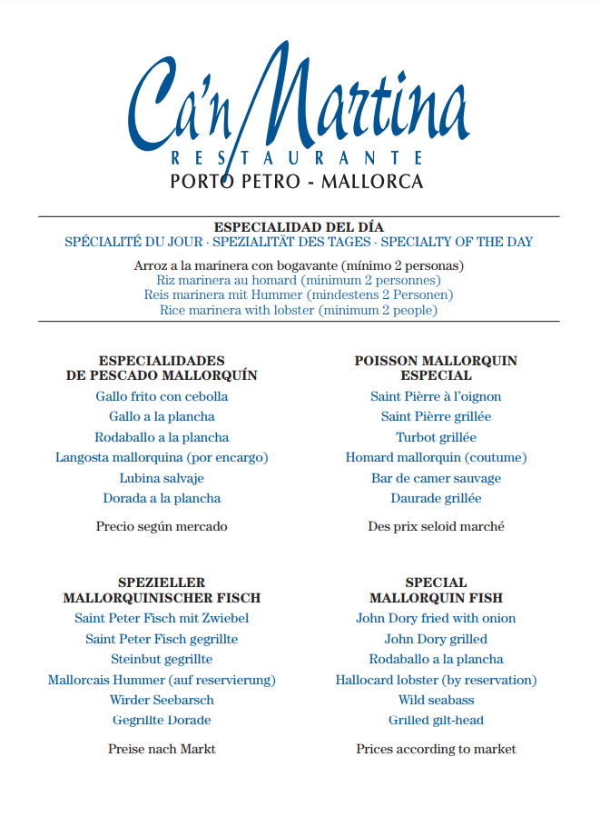 Un menú para un restaurante llamado can martina.