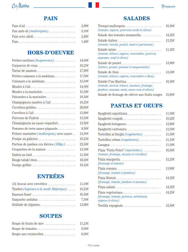 Un menú para un restaurante con muchos artículos.