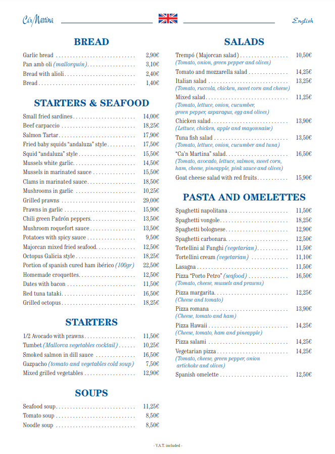 Un menú para un restaurante con muchos artículos.