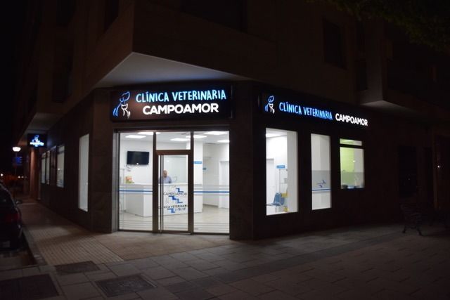 La clínica veterinaria Campoamor se ilumina por la noche