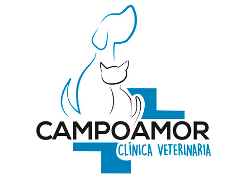 El logotipo de la clínica veterinaria campoamor muestra un perro y un gato.