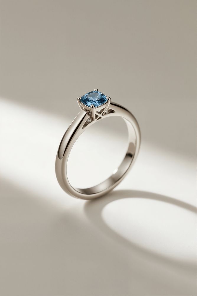 Anillo de plata con una gema azul sobre fondo claro.