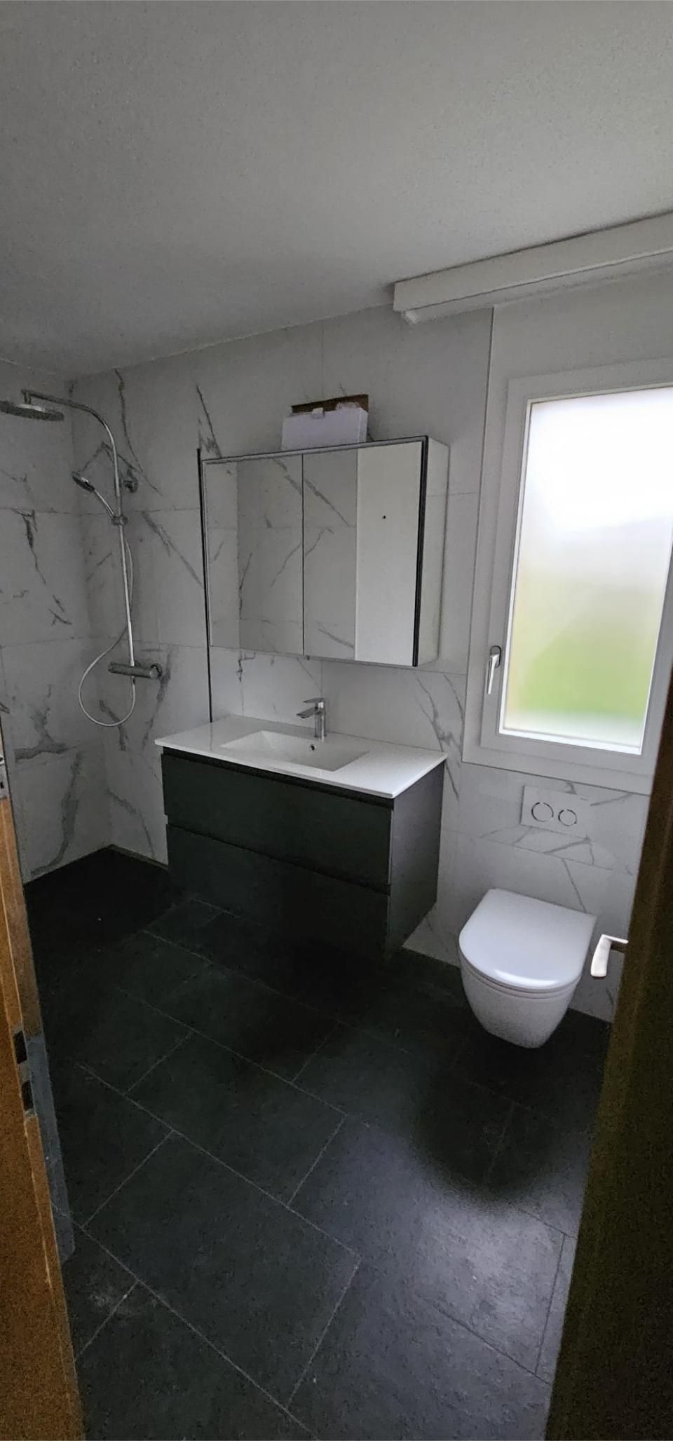 Ein Badezimmer mit Waschbecken, Toilette und Dusche. Foto von der MS Sanitär Heizung GmbH