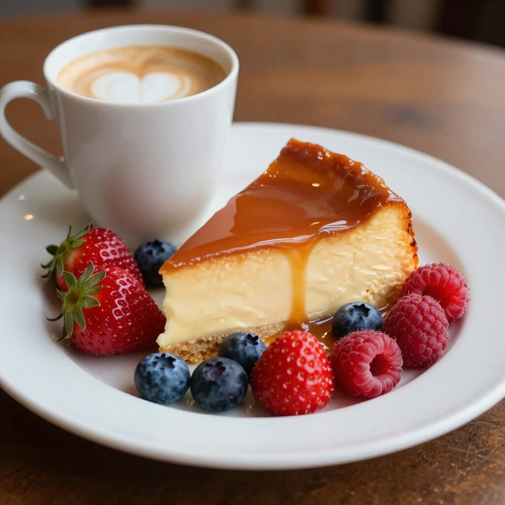 Una porción de tarta de queso cubierta con salsa de caramelo, servida en un plato con fresas, frambuesas y arándanos frescos.