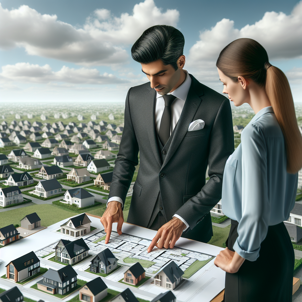 Un hombre y una mujer miran un mapa de casas.