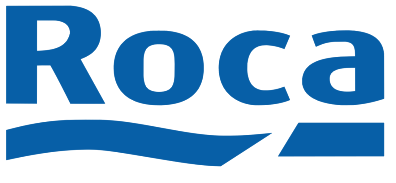 Un logotipo azul y blanco de Roca sobre un fondo blanco.