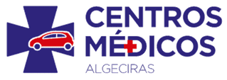Logo de Centros M&eacute;dicos Algeciras con cruz azul y coche rojo sobre fondo blanco.