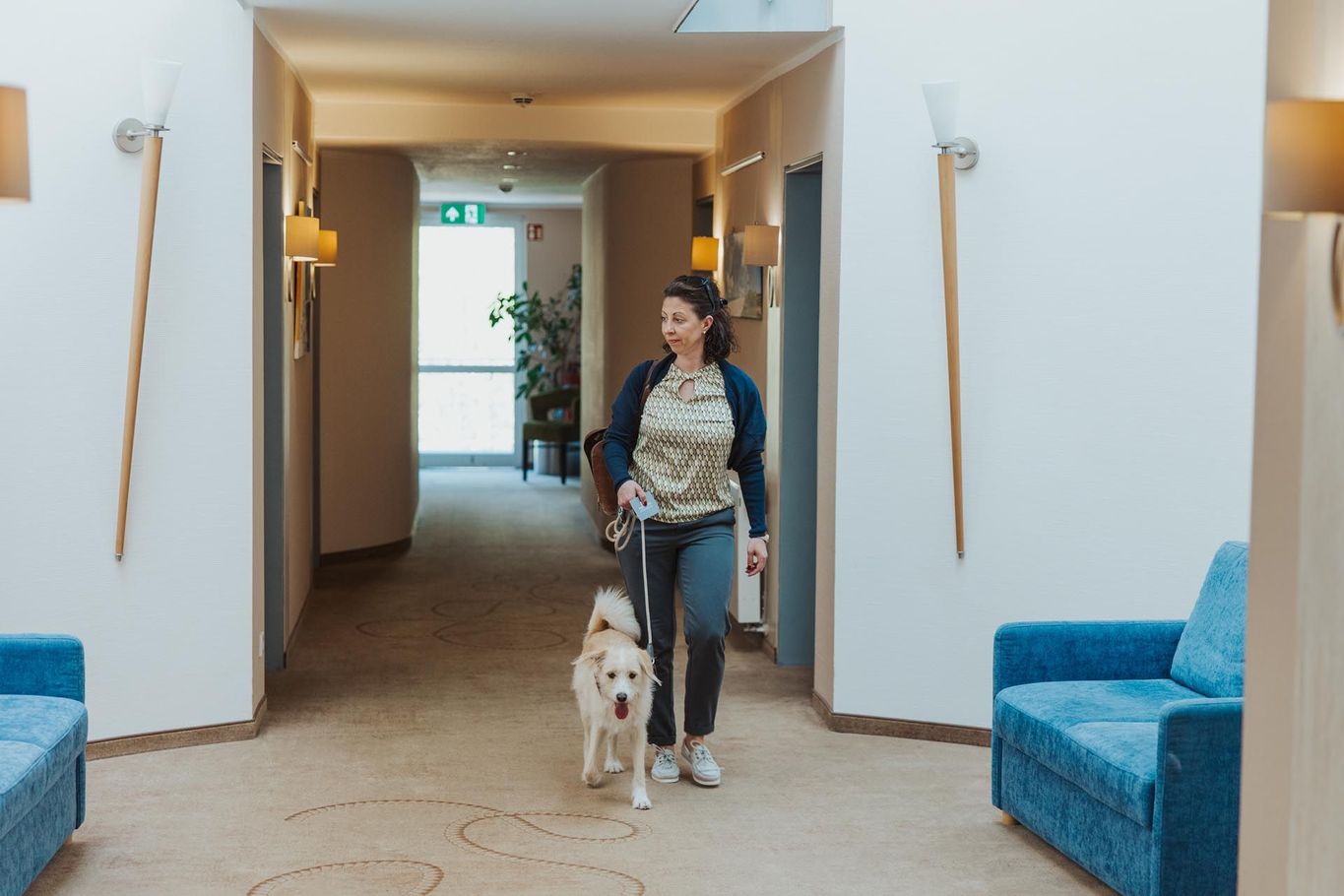 Eine Person führt einen kleinen Hund durch einen Hotelflur, an dessen Seiten blaue Stühle stehen.
