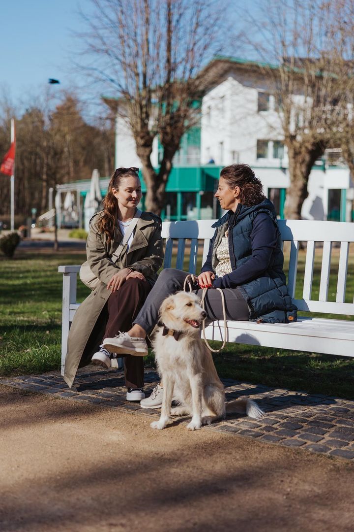 Zwei Personen sitzen mit einem kleinen, angeleinten Hund auf einer Parkbank in einem sonnigen Park.