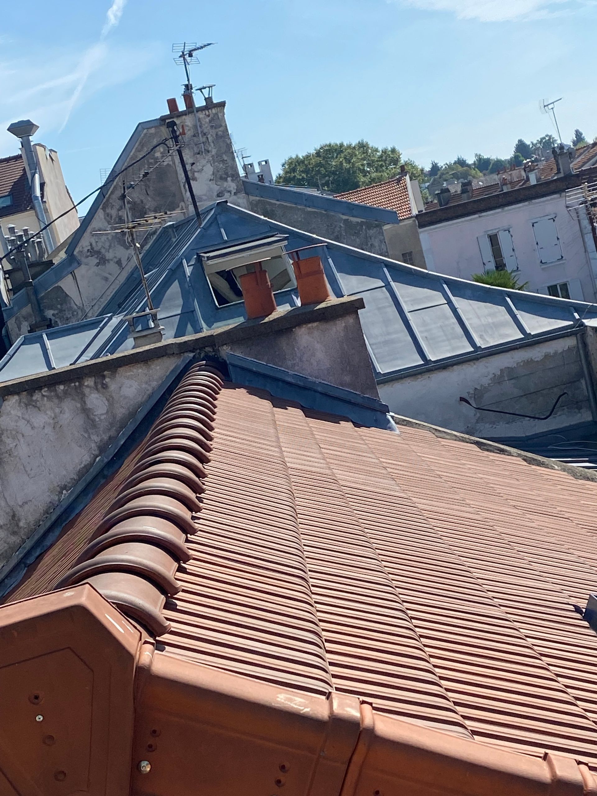 Un faîtage et une toiture en zinc.