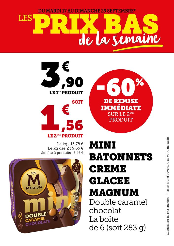 Mini batonnets crême glacée Magnum double caramel chocolat - la boîte de 6 ; -60% de remise immédiate sur le deuxième produit soit 5,46€ les 2 produits.