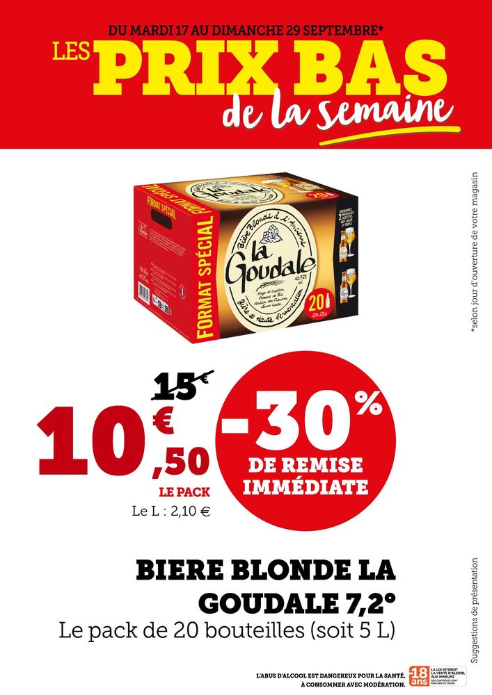 Bière blonde La Goudale le pack de 20 bouteilles (soit 5L) : 30% de remise immédiate soit 10,50€ le pack.