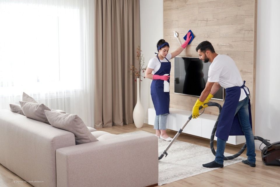 Multiline GmbH - ein Mann und eine Frau reinigen gemeinsam das Wohnzimmer; beide tragen Gummihandschuhe und eine blaue Schürze.