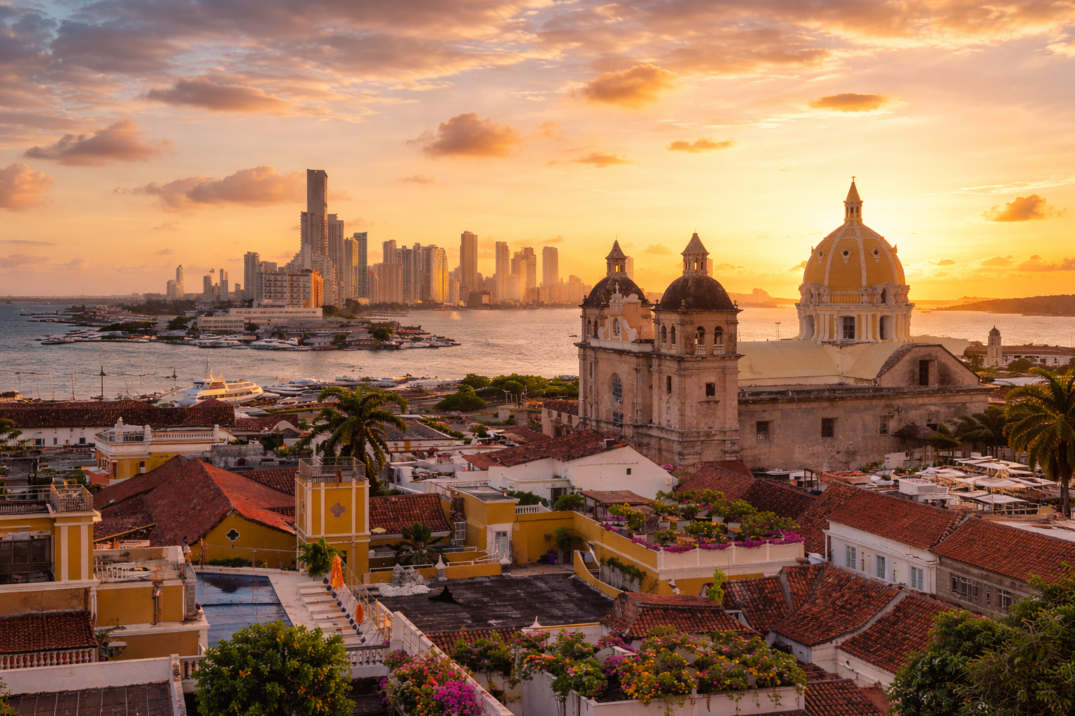 Beautiful city of Cartagena with sunset and ocean view. 